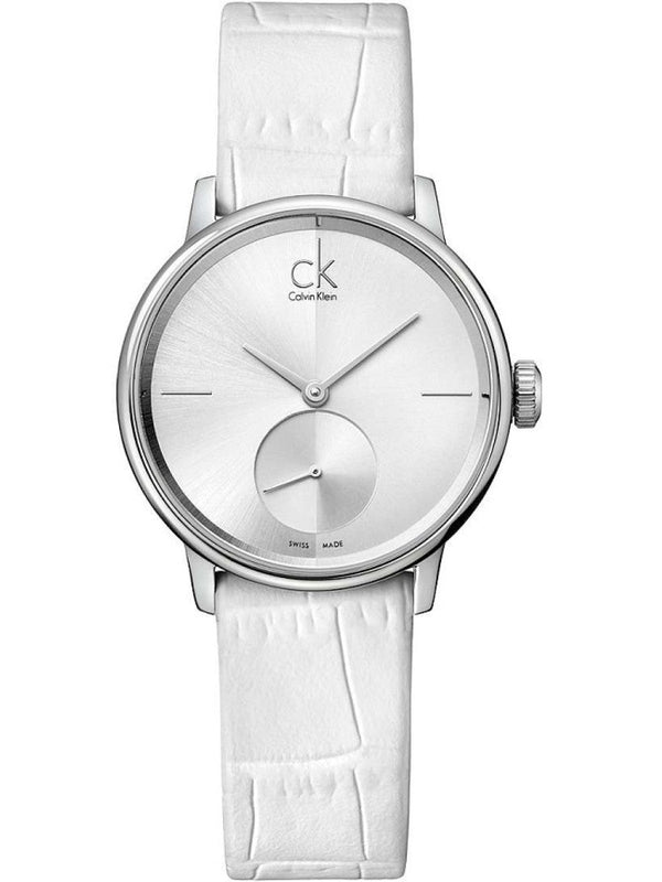 Calvin Klein Accent Silver Dial White Leather Strap Watch for Women - K2Y231K6 Buy Now By Calvin Klein