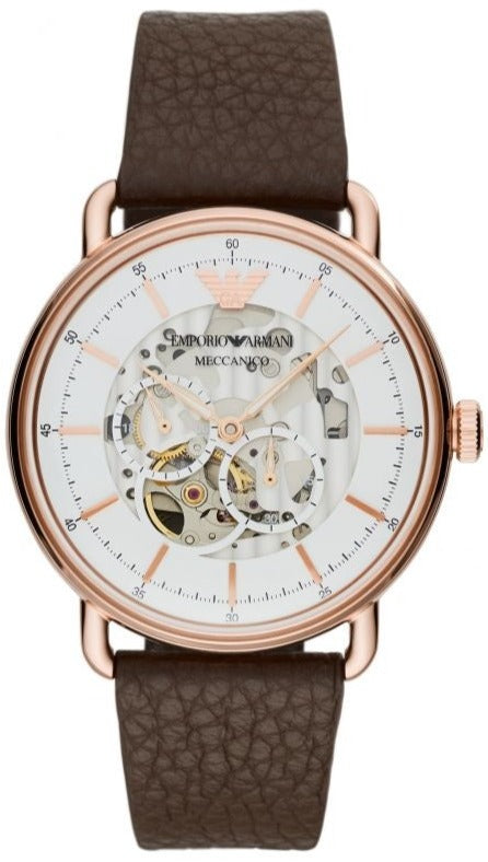 Emporio Armani Meccanico Automatic White Dial Brown Leather Strap Watch For Men - AR60027 Buy Now By Emporio Armani