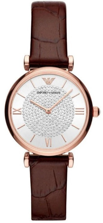 Emporio Armani Gianni T-Bar Silver Dial Brown Leather Strap Watch For Women - AR11269 Buy Now By Emporio Armani