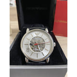 Emporio Armani Meccanico Silver Skeleton Dial Black Leather Watch For Men - AR1997 Buy Now By Emporio Armani