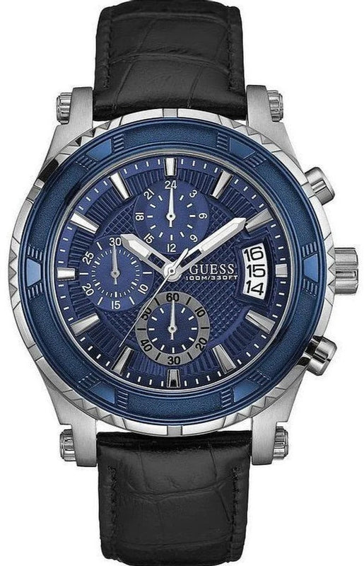 Guess Pinnacle Chronograph Quartz Blue Dial Black Leather Strap Watch For Men - W0673G4 Buy Now By Guess