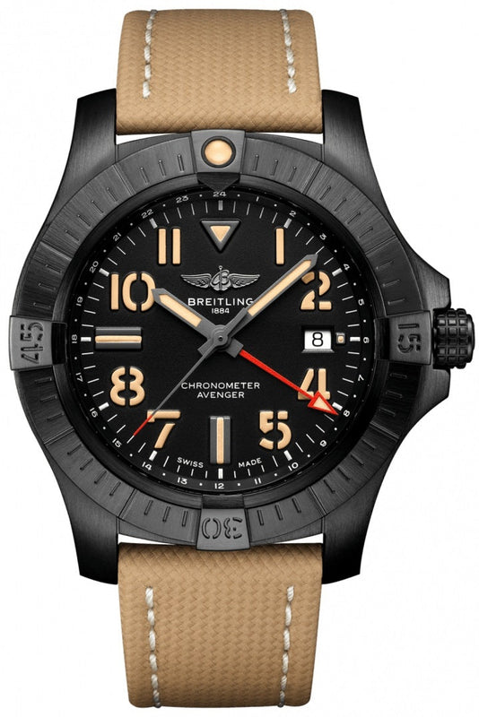 Breitling Avenger Automatic GMT 45 Black Dial Brown Nylon Strap Watch for Men - V32395101B1X1 Buy Now By Breitling