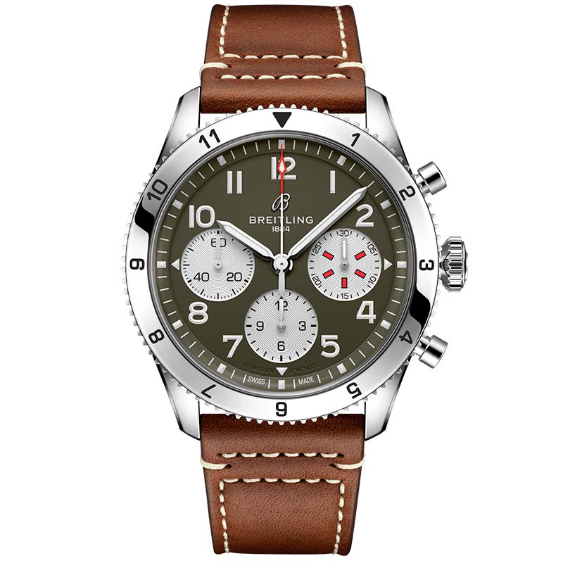 Breitling Avi Chronograph 42 Curtiss Warhawk Green Dial Brown Leather Strap Watch for Men - A233802A1L1X1 Buy Now By Breitling