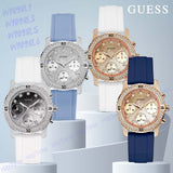 Guess Confetti Diamonds Gold Dial Blue Rubber Strap Watch For Women - W1098L6 Buy Now By Guess