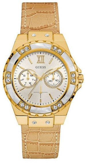 Guess Limelight Quartz Silver Dial Golden Leather Strap Watch For Women - W0775L2 Buy Now By Guess