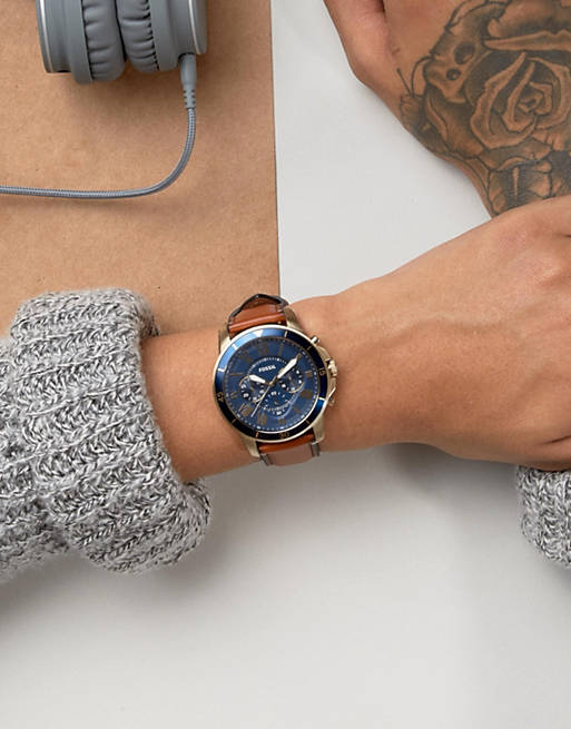 Fossil Grant Sport Chronograph Blue Dial Brown Leather Strap Watch for Men - FS5268 Buy Now By Fossil
