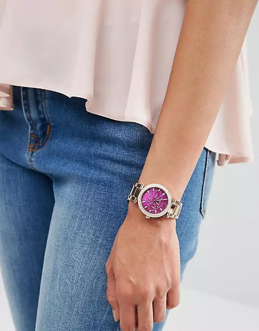 Michael Kors Mini Parker Multi-Function Plum Mother of Pearl Dial Rose Gold Steel Strap Watch For Women - MK6403 Buy Now By Michael Kors