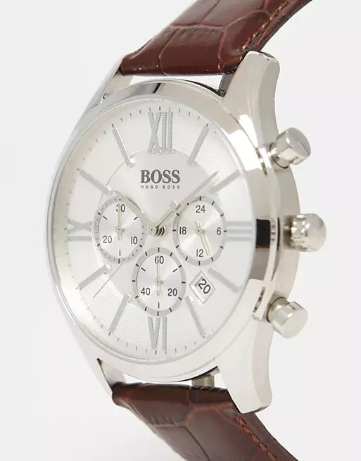 Hugo Boss Ambassador Chronograph Silver Dial Brown Leather Strap Watch For Men - HB1513195 Buy Now By Hugo Boss