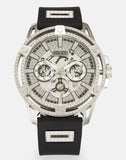 Guess King Quartz Crystals Silver Dial Black Silicone Strap Watch For Men - GW0537G1 Buy Now By Guess