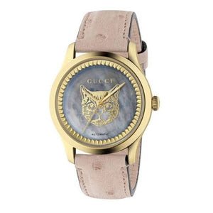 Gucci G Timeless Skeleton 16K Gold Mother of Pearl Dial Pink Leather Strap Watch For Women - YA1264110 Buy Now By Gucci
