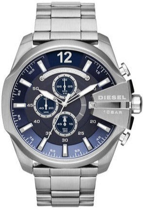 Diesel Mega Chief Chronograph Blue Dial Silver Steel Strap Watch For Men - DZ4417 Buy Now By Diesel