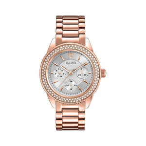 Bulova Crystal Silver Dial Rose Gold Steel Strap Watch for Women - 97N101 Buy Now By Bulova