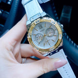 Guess Limelight Quartz Silver Dial White Leather Strap Watch For Women - W0775l8 Buy Now By Guess