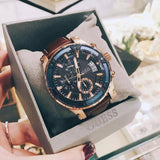 Guess Pinnacle Chronograph Quartz Blue Dial Brown Leather Strap Watch For Women - W0673G3 Buy Now By Guess