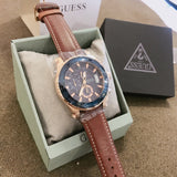 Guess Pinnacle Chronograph Quartz Blue Dial Brown Leather Strap Watch For Women - W0673G3 Buy Now By Guess