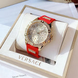 Guess Frontier Diamonds Gold Dial Red Rubber Strap Watch for Women - GW0045L2 Buy Now By Guess