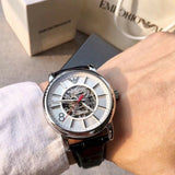 Emporio Armani Meccanico Silver Skeleton Dial Black Leather Watch For Men - AR1997 Buy Now By Emporio Armani