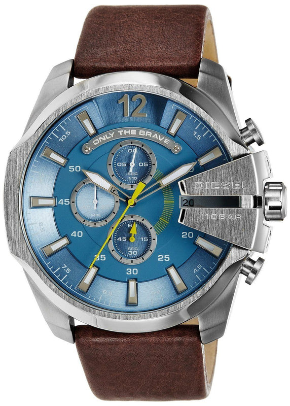 Diesel Mega Chief Chronograph Blue Dial Brown Leather Strap Watch For Men - DZ4281 Buy Now By Diesel