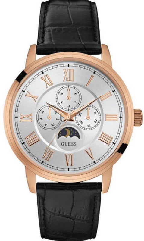 Guess Delancy Quartz Silver Dial Black Leather Strap Watch For Men - W0870G2 Buy Now By Guess