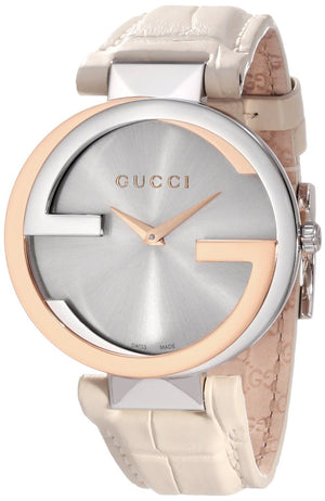 Gucci Interlocking 18K Gold Silver Dial White Leather Strap Watch For Women - YA133303 Buy Now By Gucci