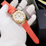 Guess Jet Setter Golden Dial Orange Rubber Watch For Women - W0564L2 Buy Now By Guess