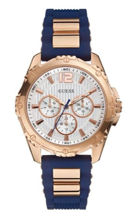 Guess Interpid White & Rose Gold Dial Blue Silicone Strap Watch For Women - W0325L8 Buy Now By Guess