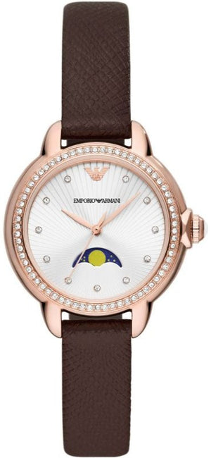 Emporio Armani Mia Moonphase Silver Dial Brown Leather Strap Watch For Women - AR11568 Buy Now By Emporio Armani
