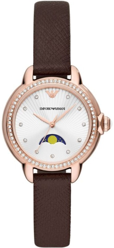 Emporio Armani Mia Moonphase Silver Dial Brown Leather Strap Watch For Women - AR11568 Buy Now By Emporio Armani