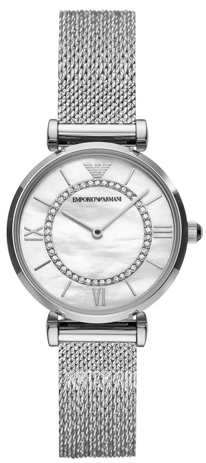 Emporio Armani Gianni T-Bar Quartz Mother of Pearl Dial Silver Mesh Bracelet Watch For Women - AR11319 Buy Now By Emporio Armani