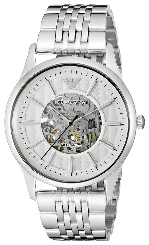 Emporio Armani Meccanico Skeleton Silver Dial Silver Steel Strap Watch For Men - AR1945 Buy Now By Emporio Armani