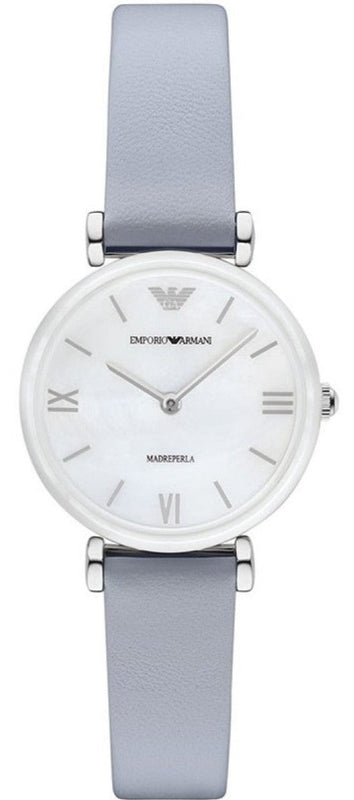 Emporio Armani Gianni T-Bar Mother Of Pearl White Dial Grey Leather Strap Watch For Women - AR11039 Buy Now By Emporio Armani