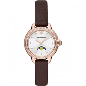 Emporio Armani Mia Moonphase Silver Dial Brown Leather Strap Watch For Women - AR11568 Buy Now By Emporio Armani