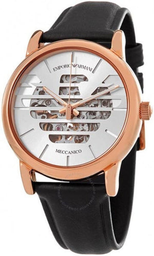 Emporio Armani Meccanico Skeleton Silver Dial Black Leather Strap Watch For Men - AR60031 Buy Now By Emporio Armani