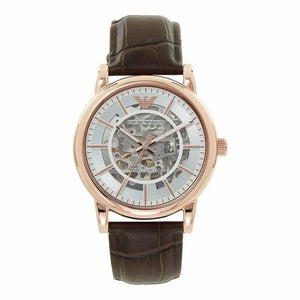Emporio Armani Meccanico Silver Skeleton Dial Brown Leather Strap Watch For Men - AR1983 Buy Now By Emporio Armani