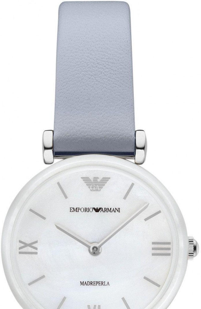 Emporio Armani Gianni T-Bar Mother Of Pearl White Dial Grey Leather Strap Watch For Women - AR11039 Buy Now By Emporio Armani