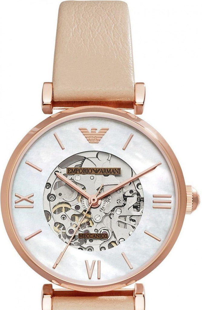 Emporio Armani Meccanico Silver Skeleton Dial Beige Leather Strap Watch For Women - AR60001 Buy Now By Emporio Armani