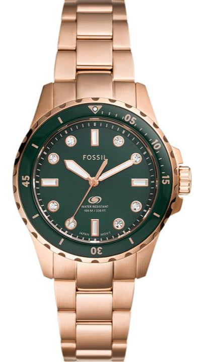 Fossil Blue Dive Three Hand Green Dial Rose Gold Steel Strap Watch For Women - ES5371 Buy Now By Fossil