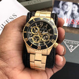 Guess Axle Multifunction Black Dial Gold Steel Strap Watch For Men - GW0488G2 Buy Now By Guess