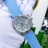 Guess Confetti Crystal Silver Dial Blue Rubber Strap Watch For Women - W1098L3 Buy Now By Guess