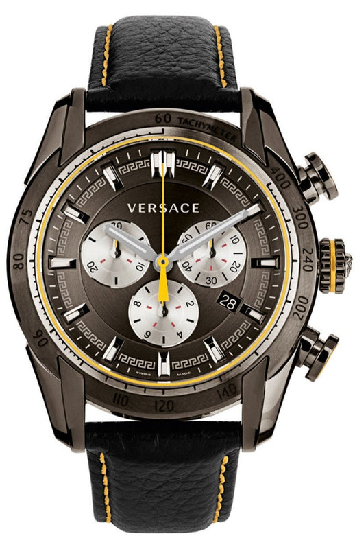 Versace V Ray Chronograph Grey Dial Black Leather Strap Watch for Men - VDB020014 Buy Now By Versace