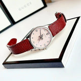 Gucci G Timeless Quartz Diamonds Pink Dial Red Leather Strap Watch For Women - YA1265017 Buy Now By Gucci