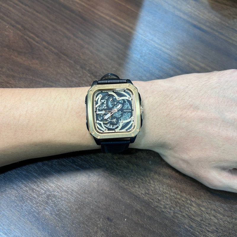 Fossil Inscription Automatic Skeleton Rose Gold Dial Black Leather Strap Watch for Men - BQ2572 Buy Now By Fossil