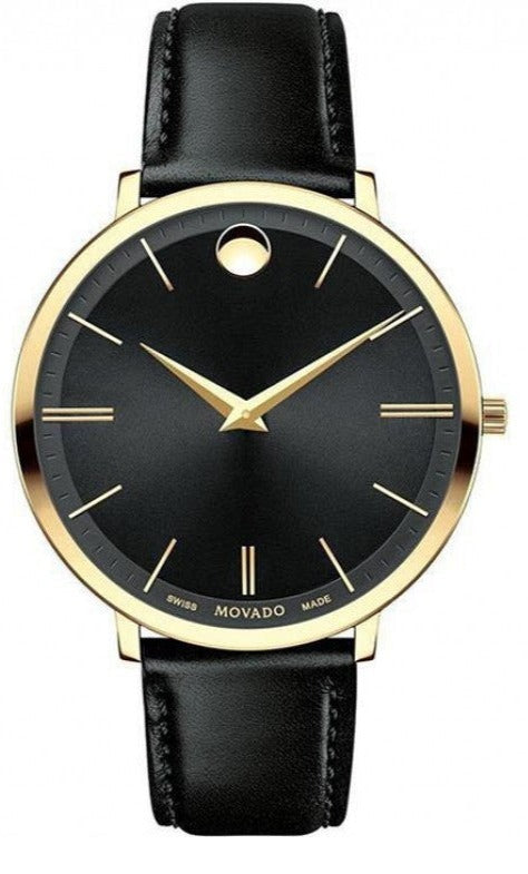 Movado Ultra Slim Black Dial Black Leather Strap Watch For Men - 0607087 Buy Now By Movado