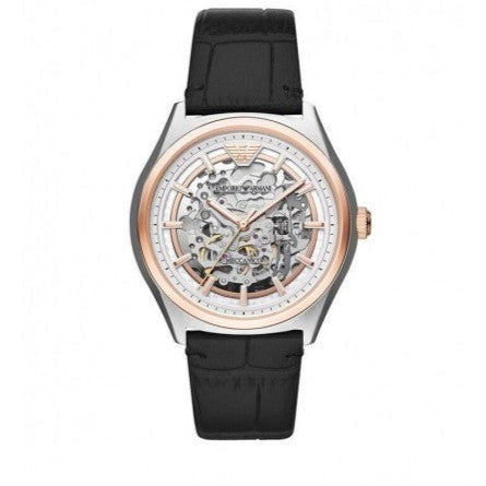 Emporio Armani Zeta Skeleton Automatic Silver Dial Black Leather Strap Watch For Men - AR60018 Buy Now By Emporio Armani