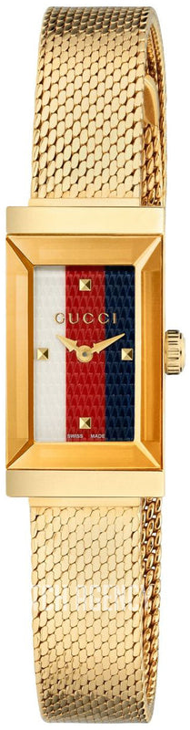 Gucci G Frame Quartz Diamonds White Red Blue Dial Gold Mesh Bracelet Watch For Women - YA147511 Buy Now By Gucci