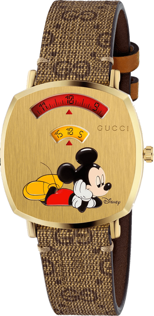 Gucci Grip Disney Mickey Mouse Gold Dial Brown Leather Strap Watch For Women - YA157420 Buy Now By Gucci