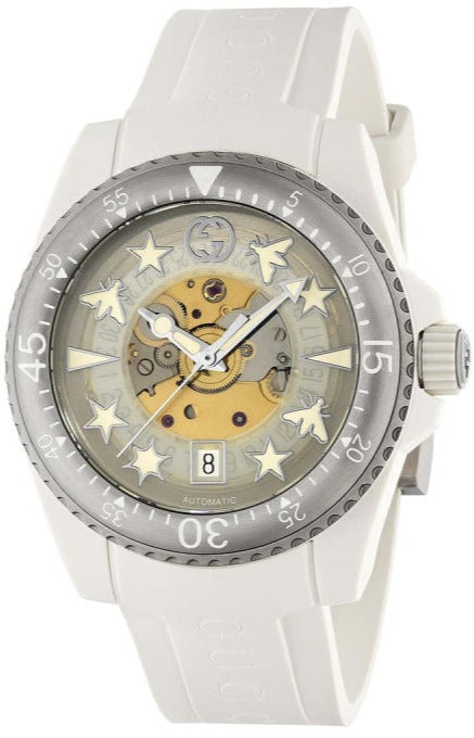 Gucci Dive Automatic Transparent Dial White Rubber Strap Watch For Men - YA136343 Buy Now By Gucci