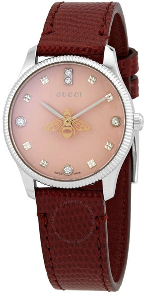 Gucci G Timeless Quartz Diamonds Pink Dial Red Leather Strap Watch For Women - YA1265017 Buy Now By Gucci