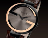 Gucci Interlocking G 18K Gold Black Dial Brown Leather Strap Watch For Women - YA133304 Buy Now By Gucci