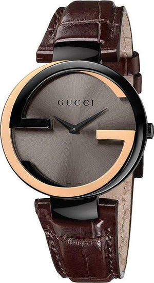 Gucci Interlocking G 18K Gold Black Dial Brown Leather Strap Watch For Women - YA133304 Buy Now By Gucci